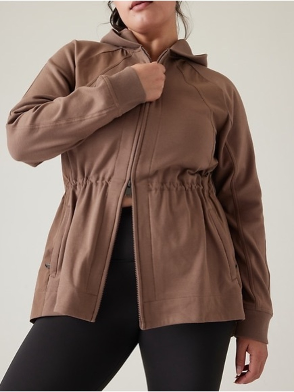 ATHLETA TRIUMPH HYBRID BROWN TAUPE ZIP UP HOODED JACKET